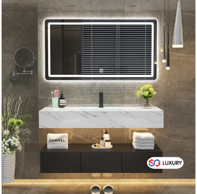  Bàn Đá Trắng Đen + Tủ + Gương Led Cảm Ứng + Vòi  LUSENTER (BD18)