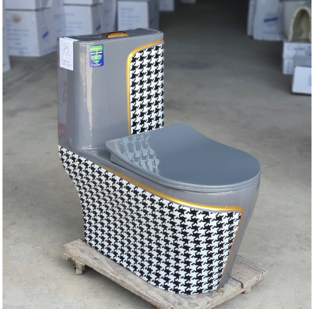 Bồn Cầu Một Khối Xám Họa Tiết Caro Đen LUSENTER (BCMK20)