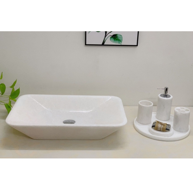 Lavabo Đá Chữ Nhật Trắng Vát Cạnh BST57A (LBD04)