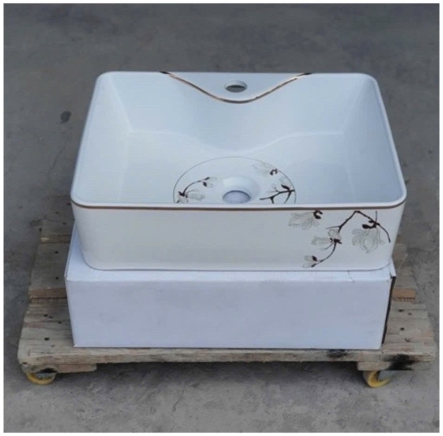 Lavabo Vuông Họa Tiết Hoa Viền Vàng LUSENTER (LB22)