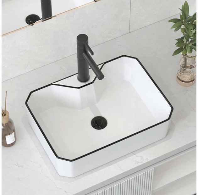Lavabo Vuông Trắng Viền Đen có Để Vòi (LB67)