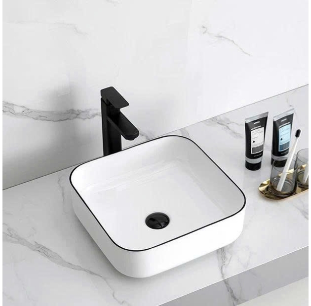 Lavabo Đặt Bàn Trắng Vuông Viền Đen LUSENTER (LB08)