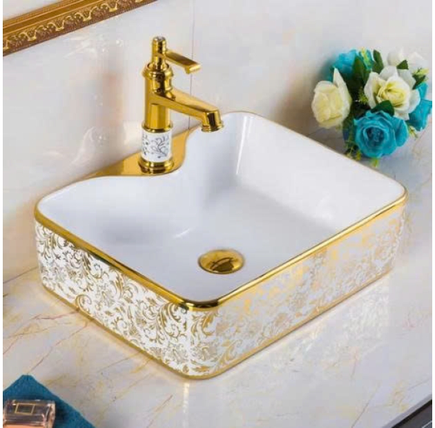 Lavabo Đặt Bàn Chữ Nhật Họa Tiết Lá Viền Vàng LUSENTER (LB24)