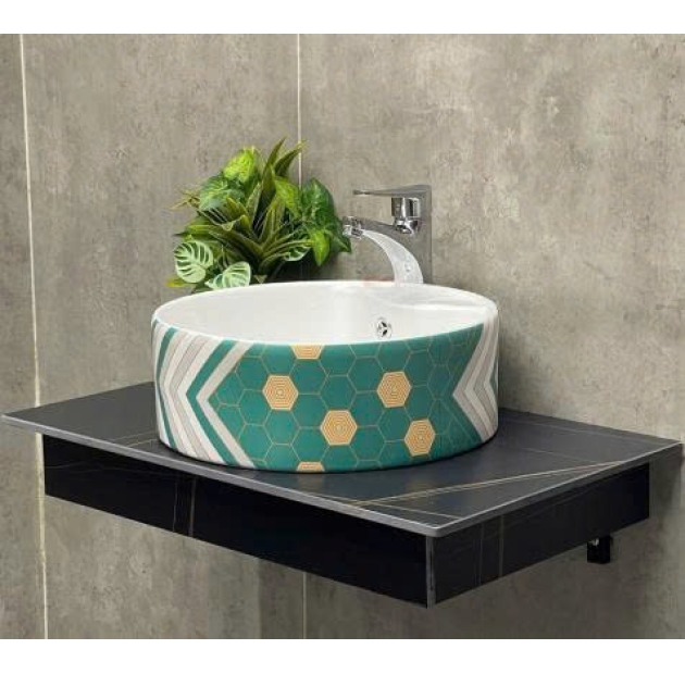 Lavabo Tròn Họa Tiết Lục Giác Vàng Nâu/ Xanh LUSENTER (LB40)