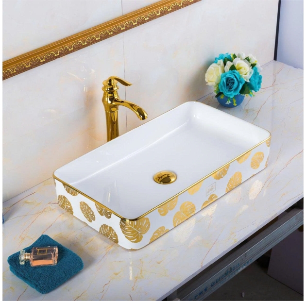 Lavabo Chữ Nhật Viền Vàng Họa Tiết Lá (LB74)