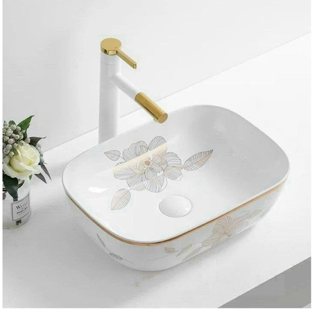 Lavabo Bầu Viền Vàng Họa Tiết Hoa (LB72)