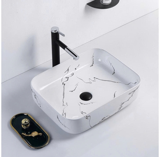 Lavabo Đặt Bàn Chữ Nhật (Bo Góc) Vân Đá Trắng LUSENTER (LB32)