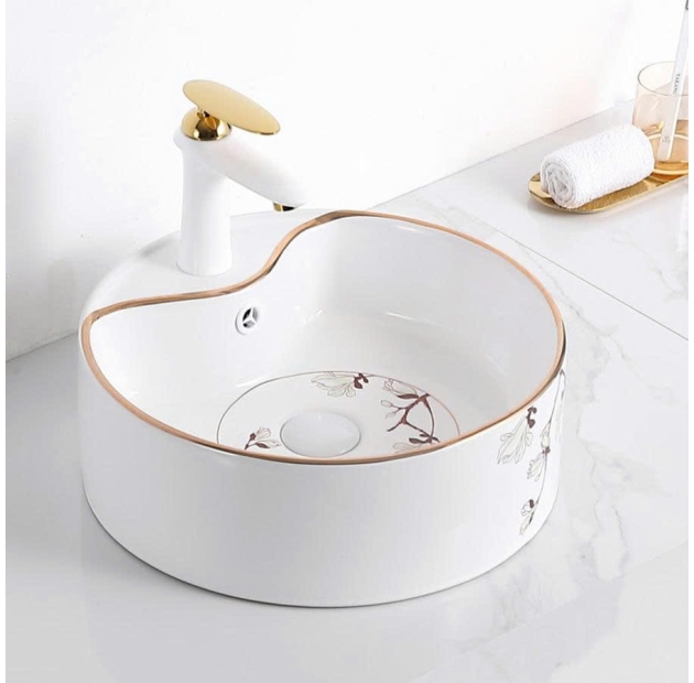 Lavabo Tròn Họa Tiết Hoa Viền Vàng LUSENTER (LB21)