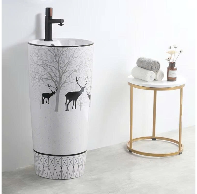 Lavabo Trụ Đứng - Đặt Sàn - Họa Tiết Hươu Đen LUSENTER (LBT06)