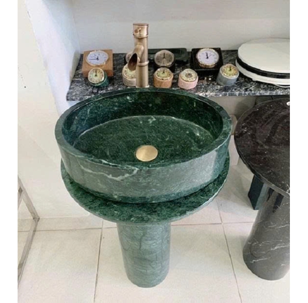 Lavabo Đá Tròn - Chân Trụ Đứng - Màu Xanh Ấn BST87 (LBD17)