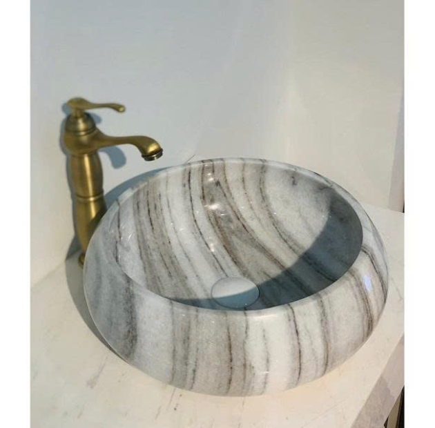 Lavabo Đá Tròn Mỏng phình Thân Trắng Vân Nâu BST18 (LBD05)