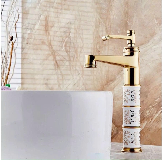 Vòi Lavabo Họa Tiết Trắng Vàng 30cm LUSENTER ( VLB27)