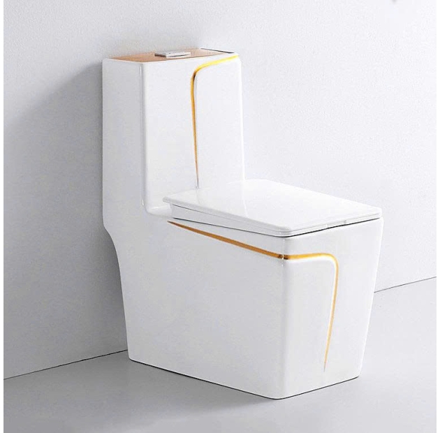 Bồn Cầu 1 Khối Trắng Viền Vàng Vuông BCMK66