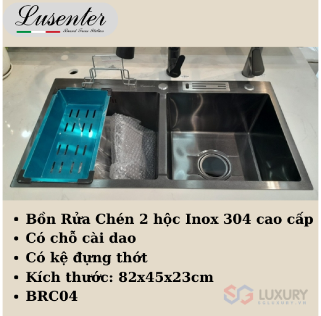 Chậu Rửa Chén 2 Hộc - Xám Đen Nhám - 82x45x23 LUSENTER (BRC04)