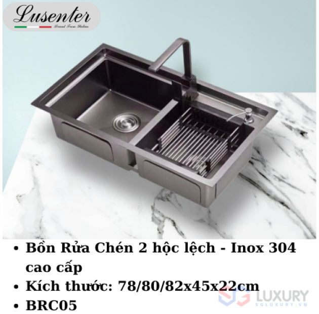 Chậu Rửa Chén 2 Hộc Lệch Đen 80x45 LUSENTER(BRC05)