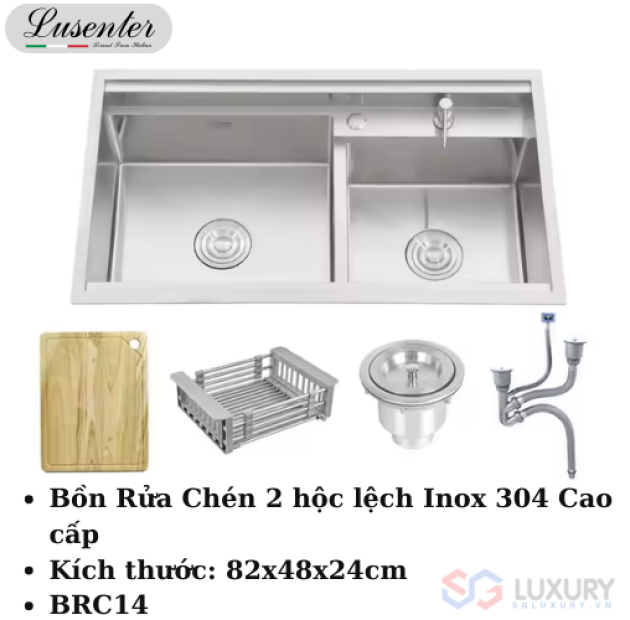 Chậu Rửa Chén Inox 2 Hố Lệch LUSENTER (BRC14)