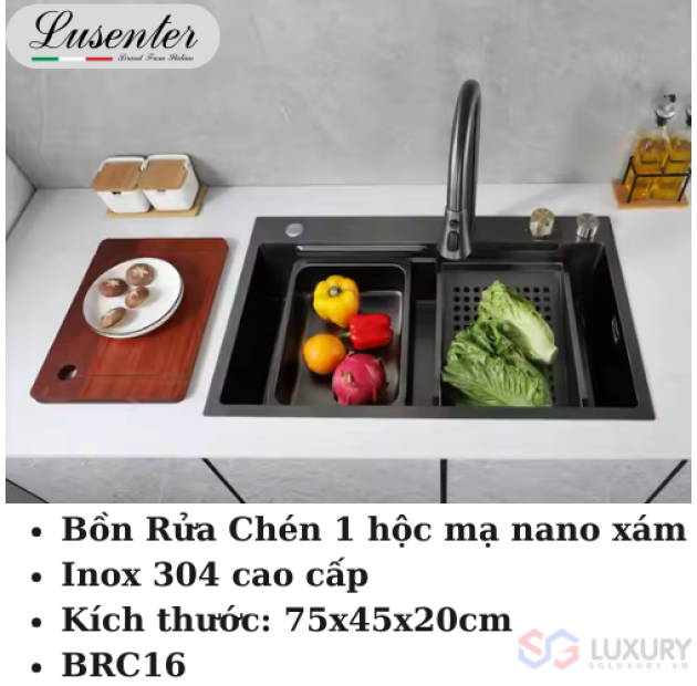 Chậu Rửa Chén INOX Nano XÁM 1 Hộc Thác 75x45 LUSENTER (BRC16)