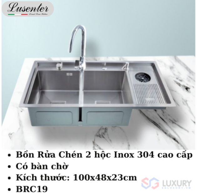 Chậu Rửa Chén Inox 304 - 2 Hộc - Có Bàn Chờ  LUSENTER (BRC19)