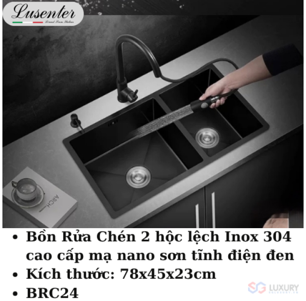 Chậu Rửa Chén 2 Hộc Lệnh Inox / Đen  LUSENTER (BRC24)