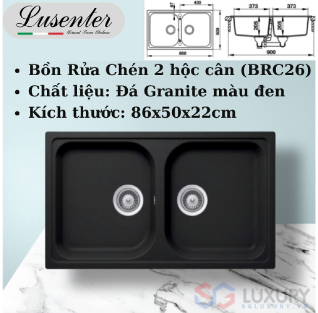 Chậu Rửa Chén Đá Granite 2 Hộc Cân LUSENTER (BRC26)