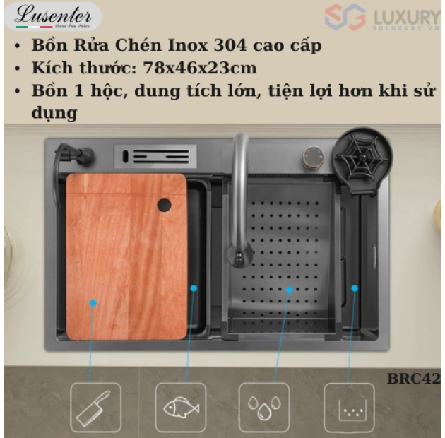 Bồn Rửa Chén Inox 304 Mạ Nano Xám  78x45 LUSENTER (BRC42)