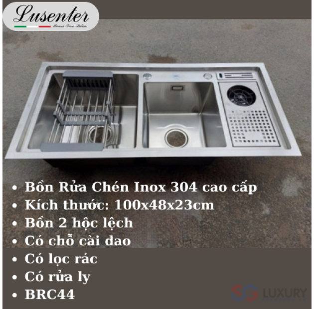 Bồn Rửa Chén Inox 2 Hộc Dao, Ly, Rác KT 100x48x23cm  (BRC44)