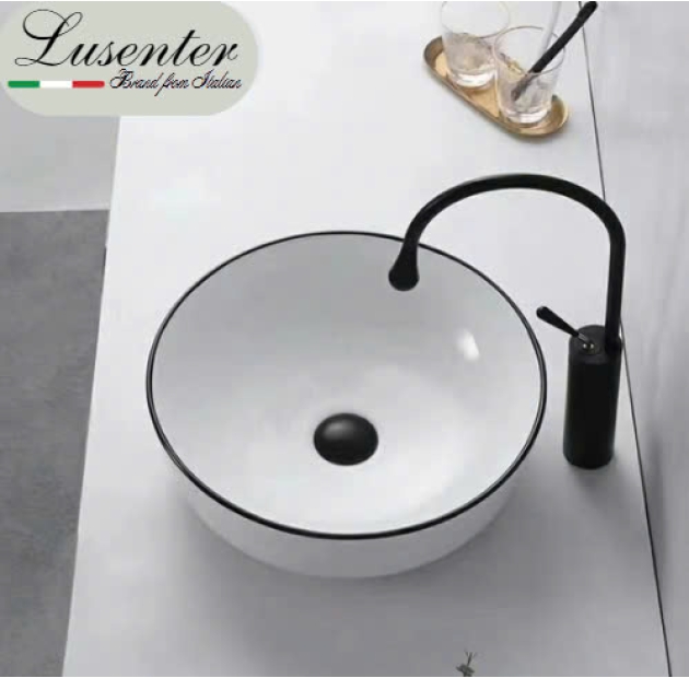 Lavabo Đặt Bàn Trắng Tròn Viền Đen LUSENTER (LB06)