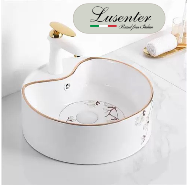 Lavabo Tròn Họa Tiết Hoa Viền Vàng LUSENTER (LB21)