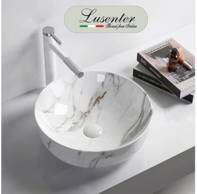 Lavabo Tròn Trắng Bóng Vân Đá LUSENTER (LB60)