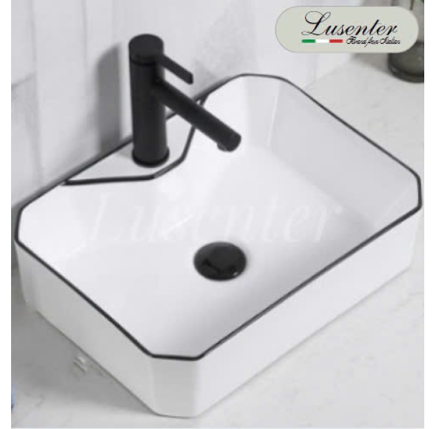 Lavabo Vuông Trắng Viền Đen có Để Vòi (LB67)