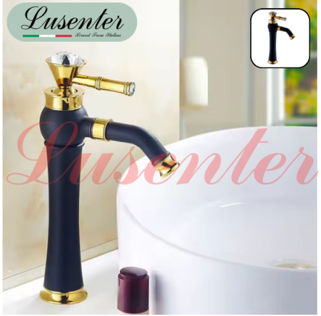 Vòi Lavabo Kim Cương Đen Vàng Cao 30cm LUSENTER (VLB35)